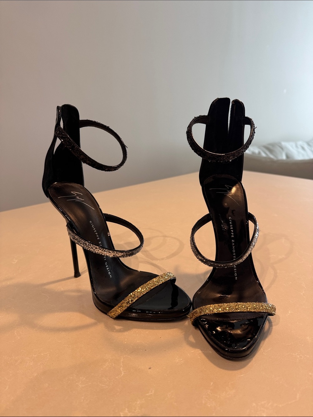 Giuseppe Zanotti Black Strappy Stiletto Sandals with Gold Glitter Straps